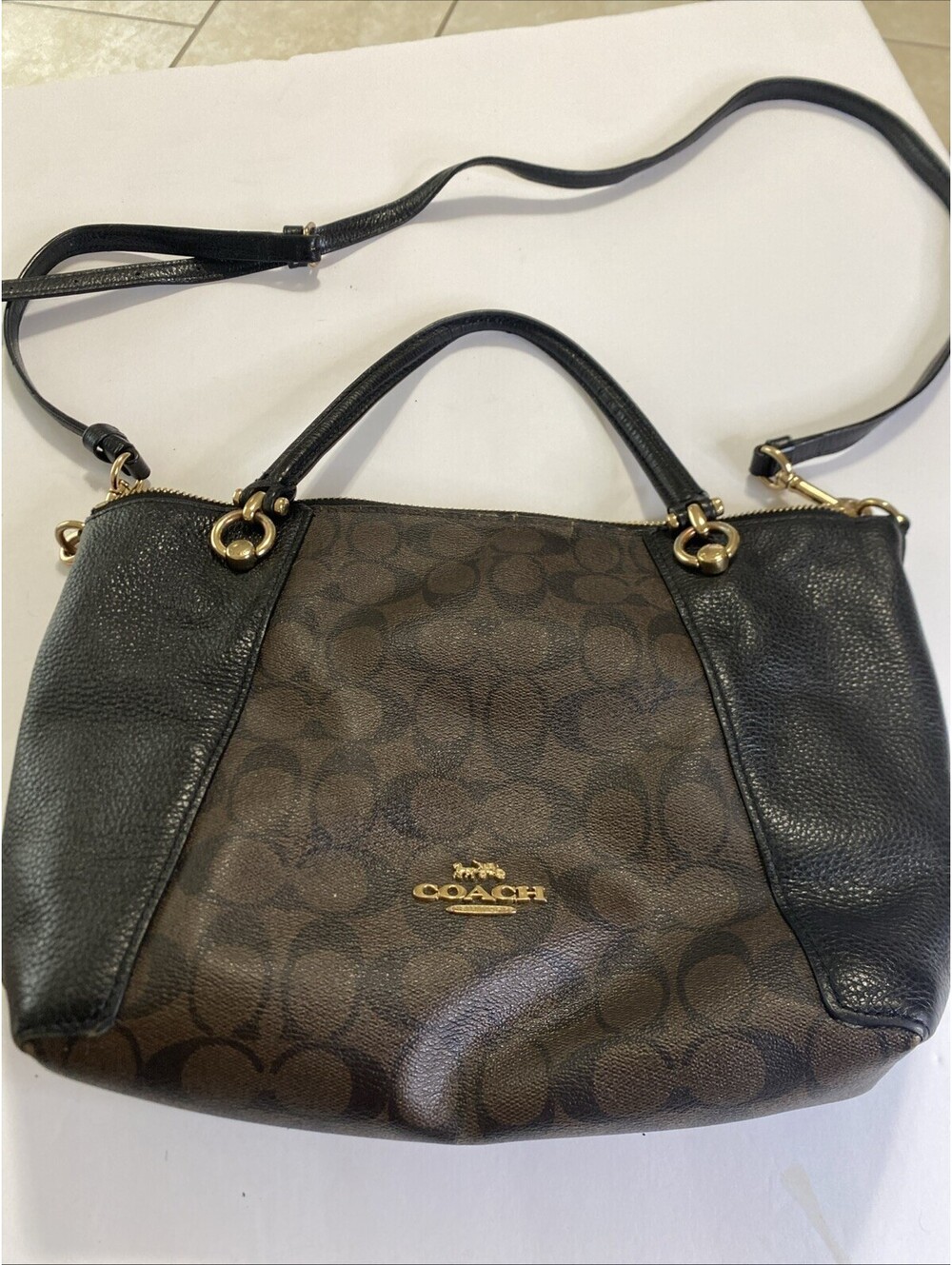With shoulder strap COACH black brown handbag  Used ! J2132-g6230